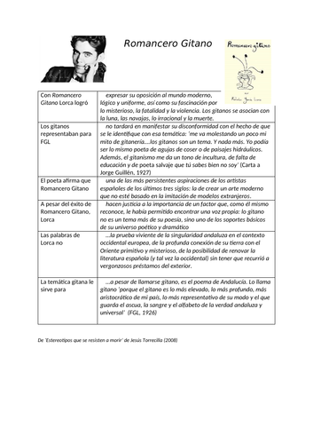 Worksheet about Romancero Gitano by Lorca