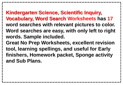 Kindergarten Science, Scientific Inquiry, Vocabulary, Word Search Worksheets