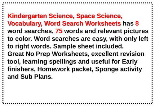 Kindergarten Science, Space Science, Vocabulary, Word Search Worksheets