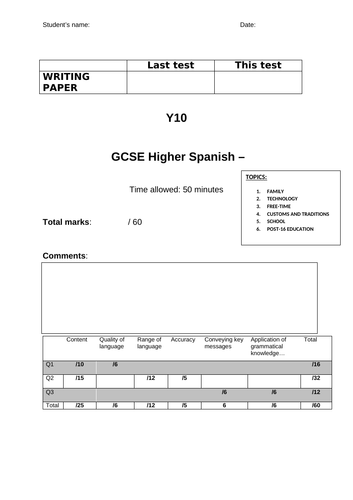 Y10 Writing test H Spanish/Español