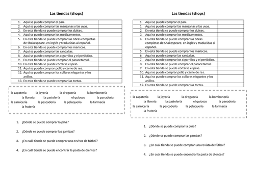 Simple KS3 worksheet on shops in Spanish