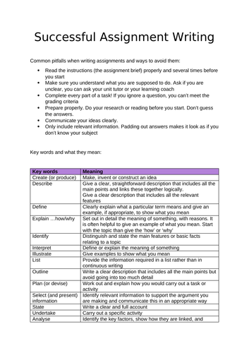 Student help sheet on writing assessments - Based on BTEC key words