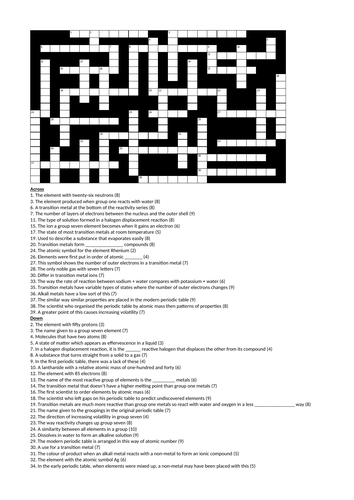 GCSE Chemistry Periodic Table Crossword & Answer Sheet