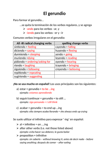 Worksheet on the gerund in Spanish