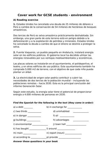 Spanish cover work for GCSE students on environment