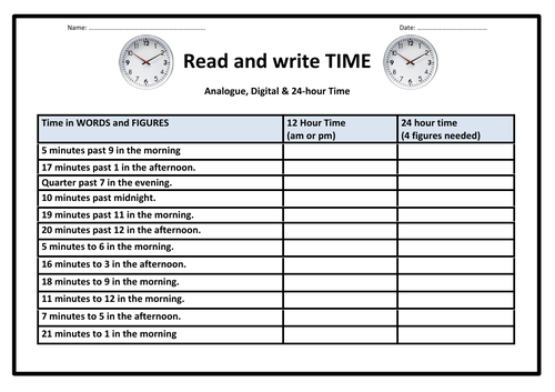 read write 12 24 hour time worksheet teaching resources