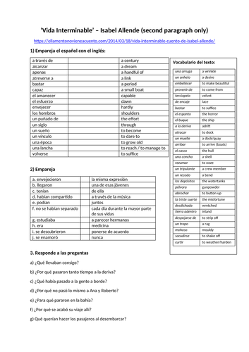 Worksheet on the short story Vida Interminable by Isabel Allende - for Alevel Spanish students