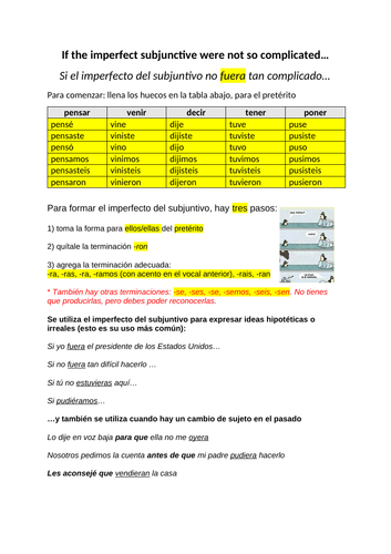 Grammar worksheet for Alevel Spanish students on the imperfect subjunctive