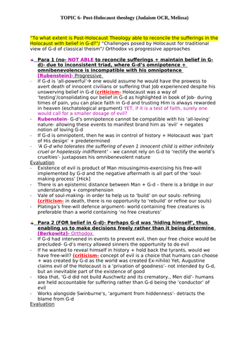OCR A Level RS Judaism- Post Holocaust Theology  essay plans