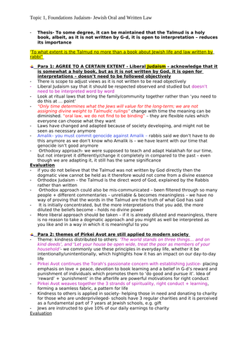 OCR A Level- Topic 1, Foundations Judaism- Jewish Oral and Written Law essay plans