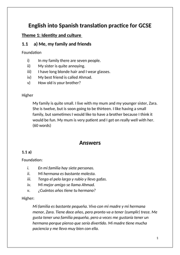 Example translation practice (Eng - Spanish) for Spanish GCSE - AQA Theme 1: Identity and Culture