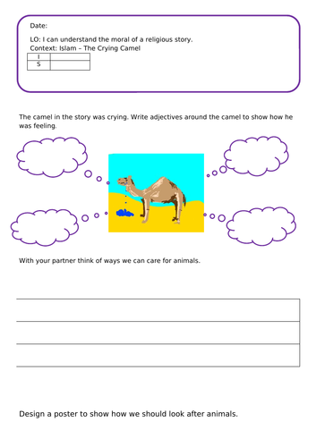 Crying Camel Worksheet RE Islam  EYFS/KS1 Looking after animals