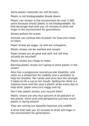 Should plastic straws be banned? KS1 plastic pollution