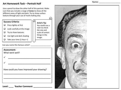 Art Homework Worksheet - KS3/KS4 - Portrait half