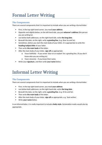 GCSE English Language Formal & Informal Letter Writing Handout