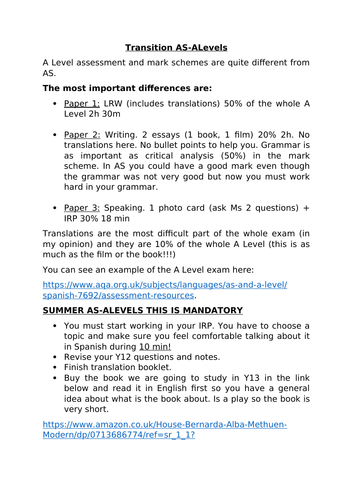 AQA Spanish transition work from AS into A Level