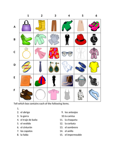 Ropa (Clothing in Spanish) Find it Worksheet Teaching Resources