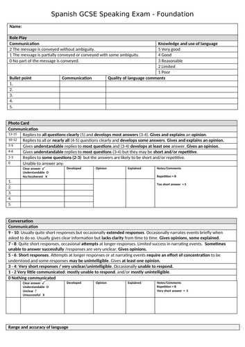 AQA Languages GCSE Speaking Easy Marking and Feedback Sheet