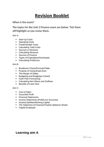 Business BTEC Level 2 Unit 2 Finance for Business Revision Workbook