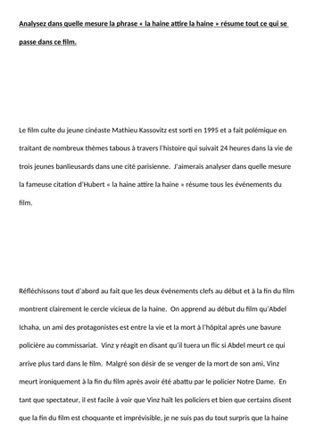 A-LEVEL FRENCH La Haine Paper 2 2019  Model Essay « la haine attire la haine » résume tout?