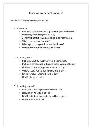 Planning my perfect Summer! (Quick and easy ICT cover lesson)