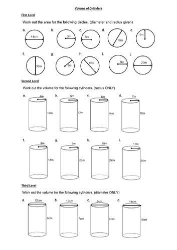 VOLUME of cylinders- GEOMETRY - WITH ANSWERS