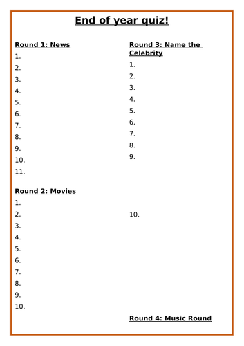 2018/2019 End of year / Transition quiz (Fun end of year activity)