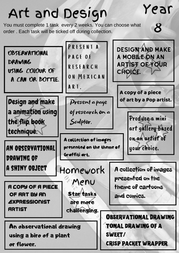 Homework menus for year 8 and 9.