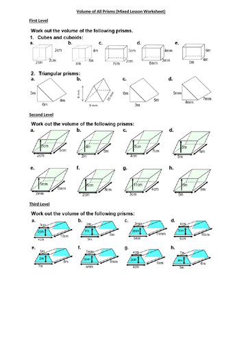 Volume of all PRISMS - GEOMETRY - 3D SHAPES - WITH ANSWERS