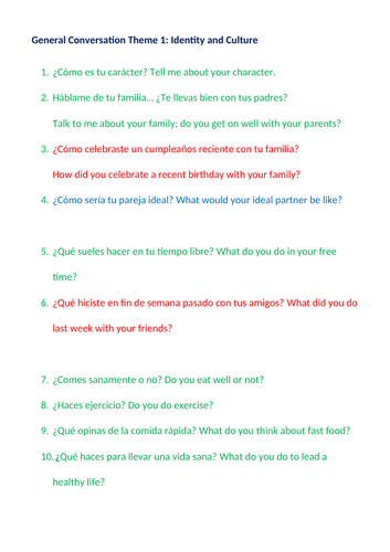 Gcse Spanish Speaking Exam General Conversation Questions With English Teaching Resources 0445