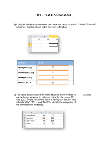 microsoft excel assessment and worksheet with answers sheet included for year 7 8 9 10 11 12 teaching resources