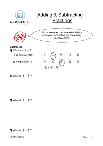 Adding and Subtracting Fractions Differentiated Worksheet