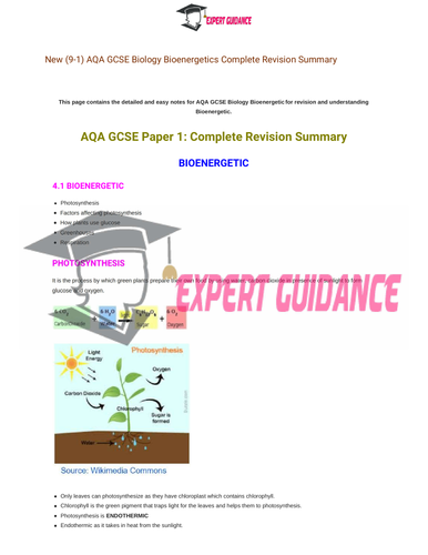 New (9-1) AQA GCSE Biology Bioenergetics complete Revision Summary