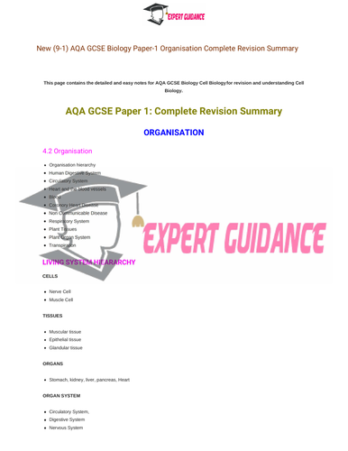 New (9-1) AQA GCSE Biology Organisation Complete Revision Summary