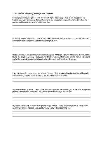 GCSE German translation worksheet - level 9