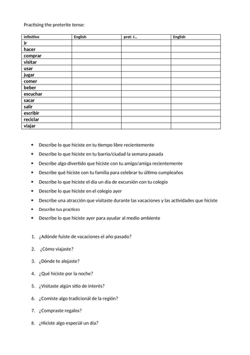 GCSE Spanish 9-1 grammar revision resource practising the preterite