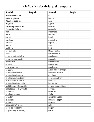 GCSE Spanish 9-1 vocab-structures-verbs sheet on the theme of transport