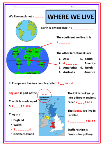 Where we live in Our World - Worksheet