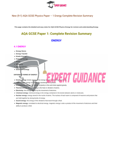 New (9-1) AQA GCSE Physics Energy Complete Revision Summary