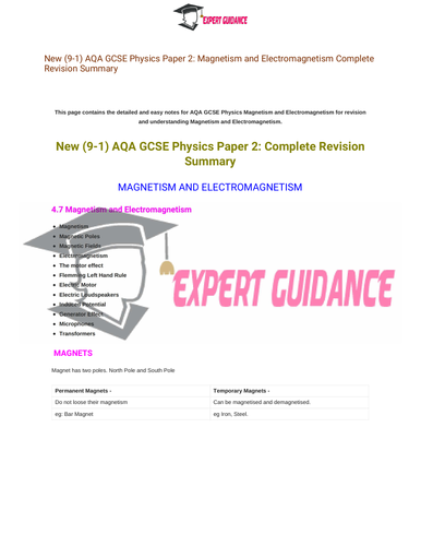 New (9-1) AQA GCSE Physics Magnetism and Electromagnetism Complete Revision Summary