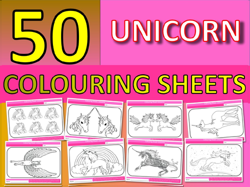 50 x Unicorn Colouring Sheets Keyword Starter Settler Cooking End of Term Fun Activity