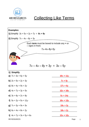 collecting like terms problem solving worksheet