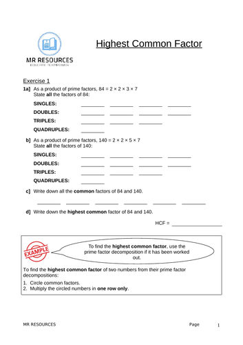 Highest Common Factor Worksheet