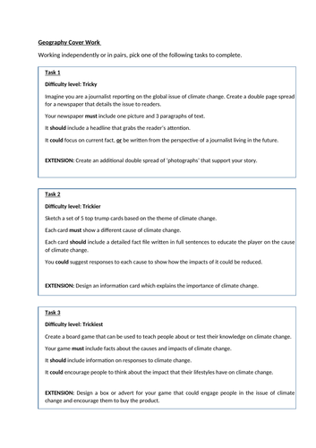 KS3 Climate Change Cover Task