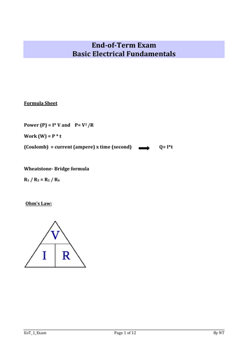 Electrical Fundamental Exam  with solution for Y11 and 12 students