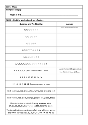 Range, Median & Mode Worksheets