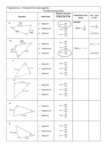 Trigonometry Missing Sides and Angles (Low ) Scaffolded Worksheet