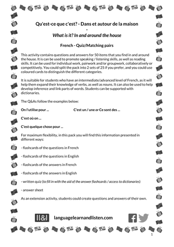 French Quiz Matching Pairs In And Around The House Teaching Resources