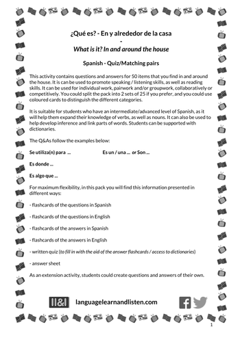 Spanish Quiz / Matching pairs - In and around the house