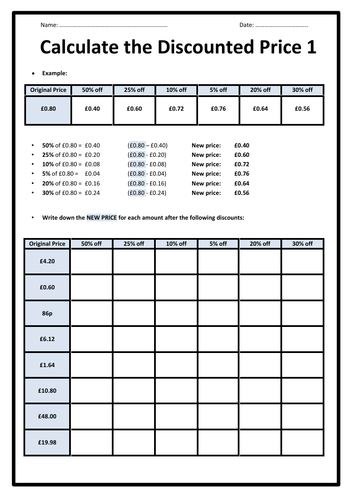 money-calculate-the-discounted-price-2-worksheets-teaching-resources